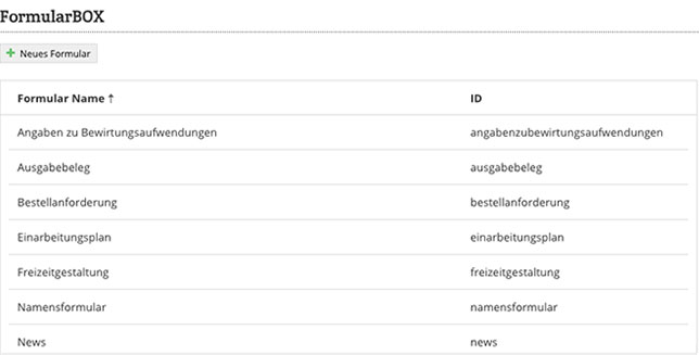 Formulare = FormularBOX Intranet Open Source Formulare Vorlagen Uebersicht